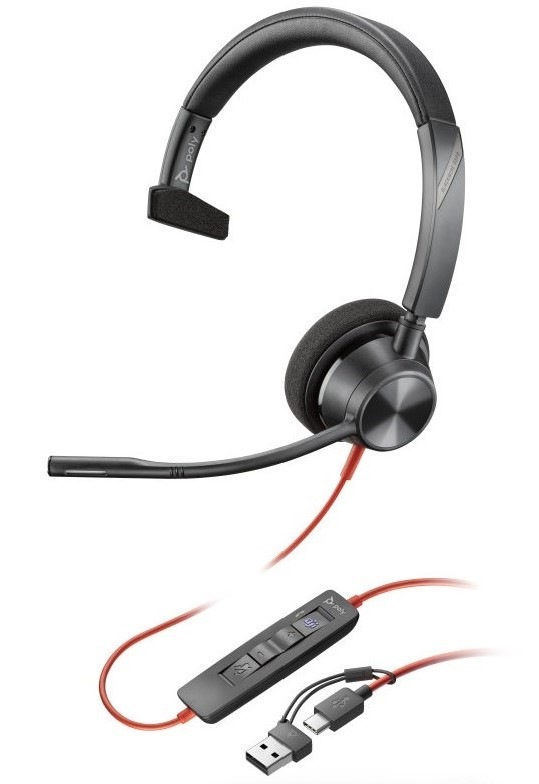 Headset HP Poly Blackwire 3315 MS, 3,5 mm jack + USB-C/A adaptér, mono čierny