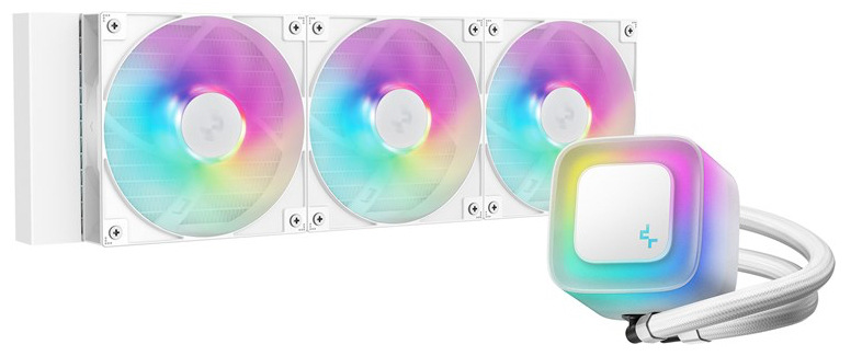 Vodný chladič DeepCool LE360 V2 White biely Snímka kompletného chladiča s nasvietenými tromi ARGB ventilátormi aj s ARGB podsvietením pumpy. Sú dobre vidieť aj obe hadice s dĺžkou 410 mm.