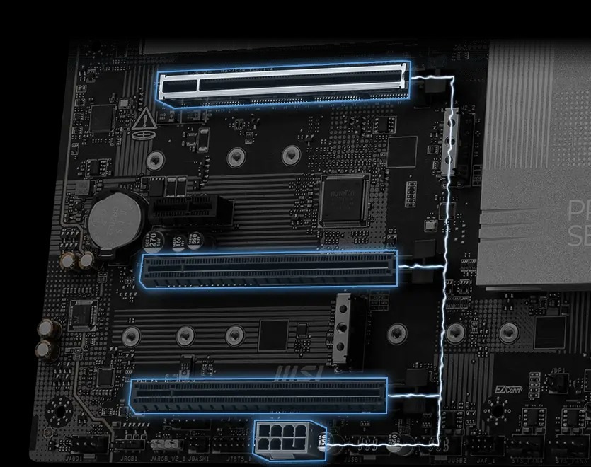 Detailný záber základnej dosky s vyznačenými PCI slotmi a modro svietiacimi obvodmi. Dizajn pôsobí technicky a moderne a vyžaruje inovatívnosť.