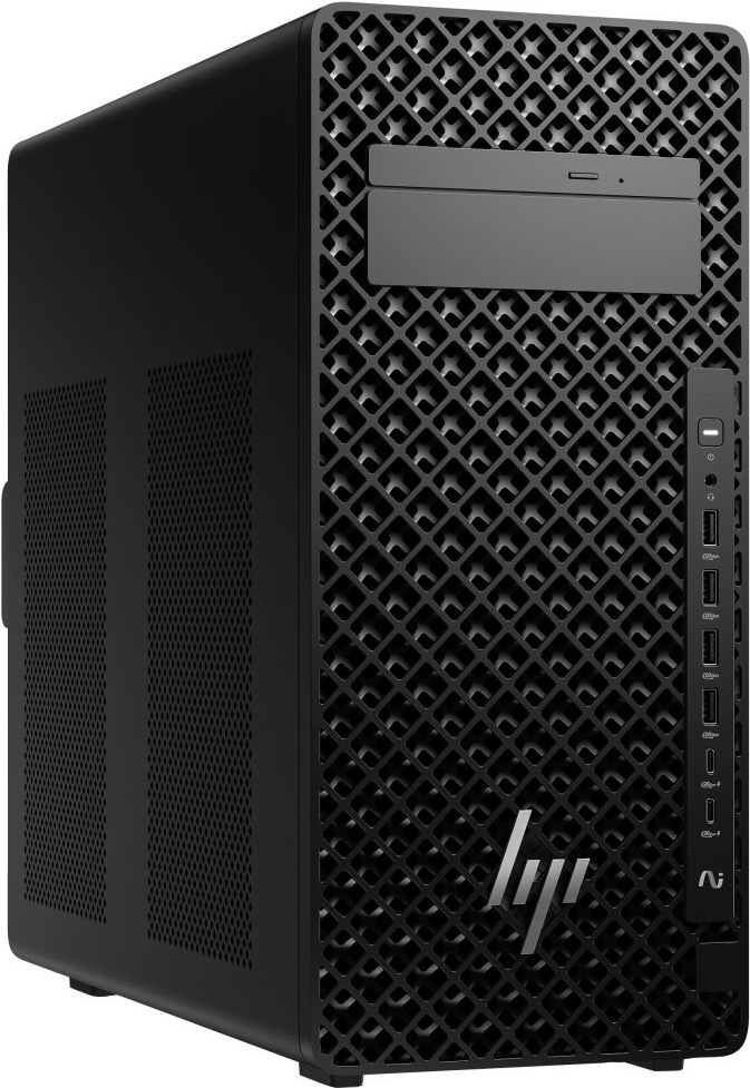 Stolný počítač HP Z2 Tower G1i čierny Na obrázku je čierny stolný počítač HP Z2 Tower G1i zachytený šikmo spredu. Má vyššiu kompaktnú skriňu s hladkou ľavou bočnicou, na ktorej sú dve väčšie ventilačné mriežky. Celé čelo kryje výrazná perforovaná mriežka s kosoštvorcovým vzorom, hore je pozícia pre optickú mechaniku a vpravo zvislý panel s tlačidlom zapnutia, audio konektorom, štyrmi USB portami a dvoma USB-C portami.