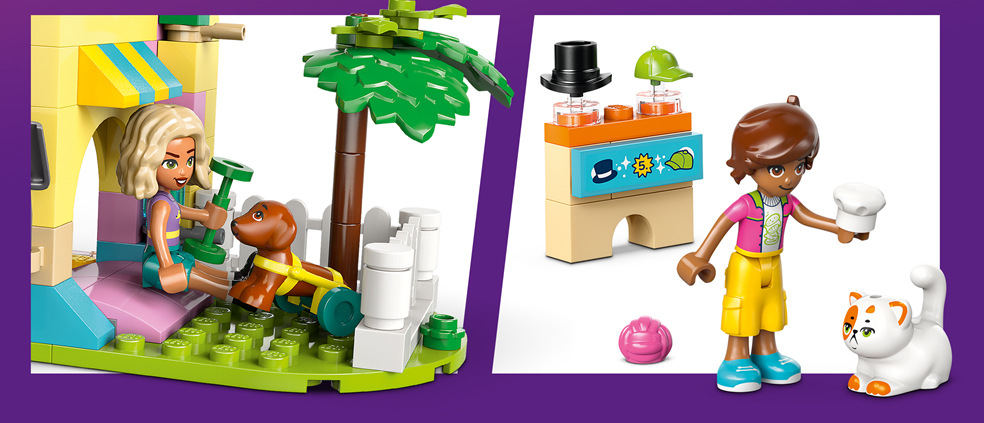 Stavebnica LEGO® Friends 42650 Obchod s doplnkami pre mazlíčkov Budova v tvare psa ponúka pohyblivú mašľu a obočie, ktoré spolu s minibábikami LEGO spestrujú hranie a starostlivosť o zvieratá.