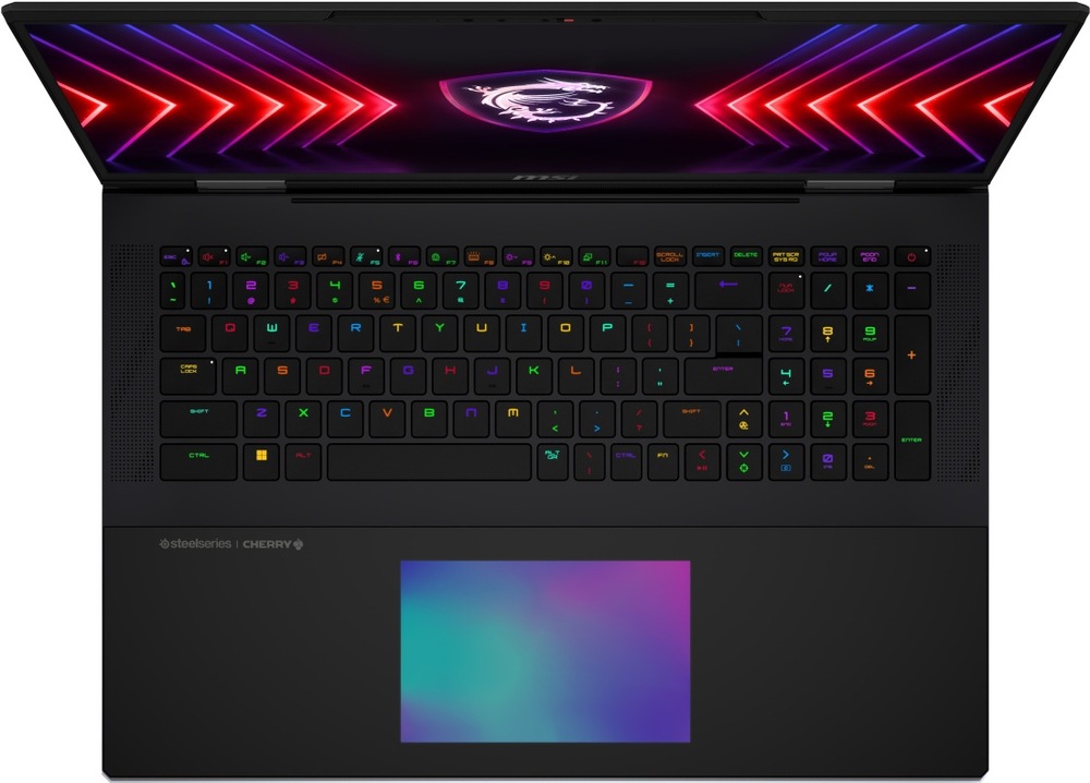 Notebook MSI Titan 18 HX A2WJ-1286CZ čierny Pohľad zhora na mechanickú klávesnicu Cherry MX Ultra Low Profile s podsvietením a veľký touchpad notebooku MSI Titan 18 HX