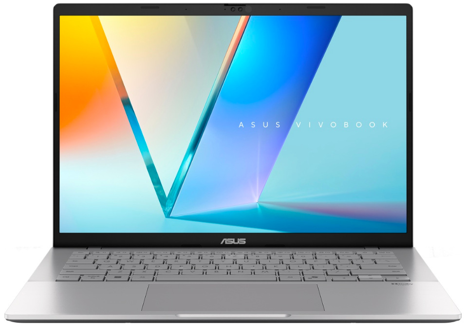 Notebook Asus Vivobook S14 strieborný Čelný pohľad na ASUS Vivobook S14 so 14″ OLED displejom a FHD IR kamerou
