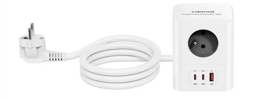 Rozbočovacia zásuvka Cubenest PowerCube 4xAC, PD 30W, 2xC,1xA, 1.5m kabel sivá/biela Rozbočovacia zásuvka Cubenest poskytuje 2 USB-C a 1 USB-A