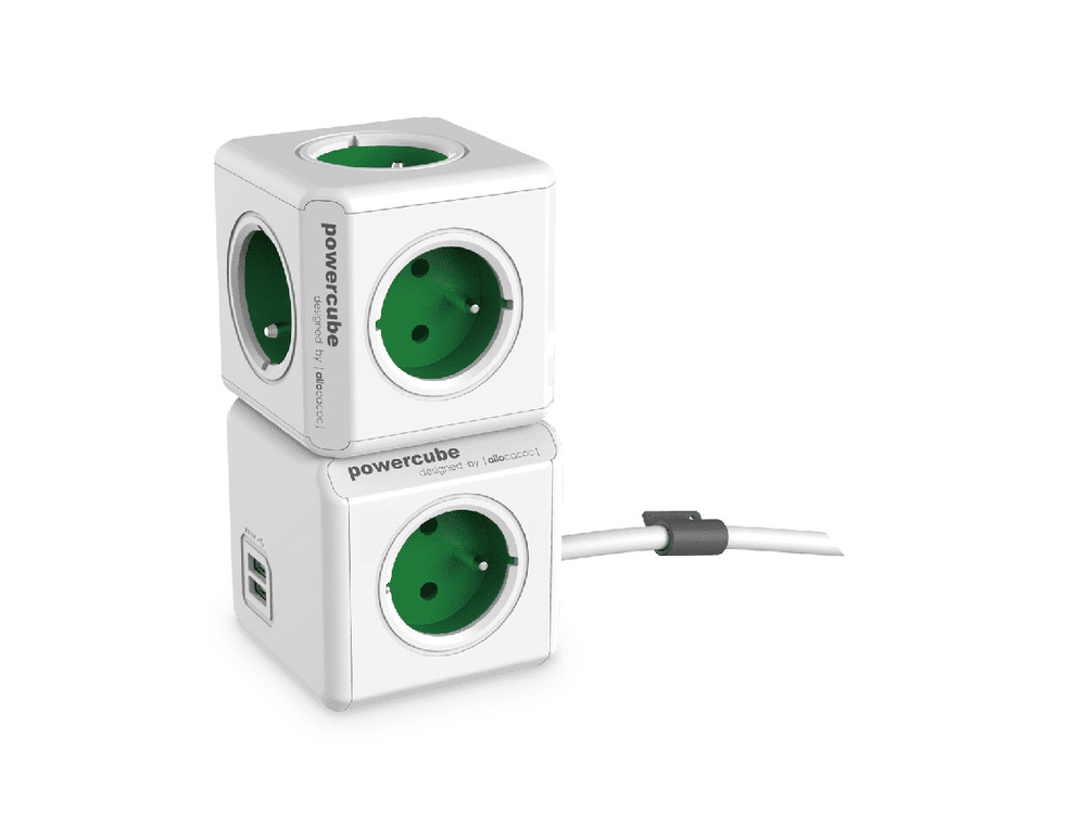 Kábel predlžovací Powercube Extended USB, 4x zásuvka, 2x USB, 1,5m zelený