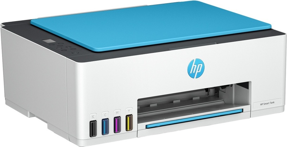 Tlačiareň multifunkčná HP Smart Tank 596 čierna/biela/modrá Pohľad zo strany na tankovú atramentovú tlačiareň HP Smart Tank 596″ width=