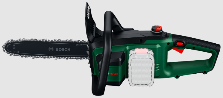 Píla reťazová Bosch PKE 18V-30-28 (bez baterie) Detail akumulátorového priestoru a rukoväte reťazovej píly Bosch PKE 18V-30-28 s ovládacími prvkami