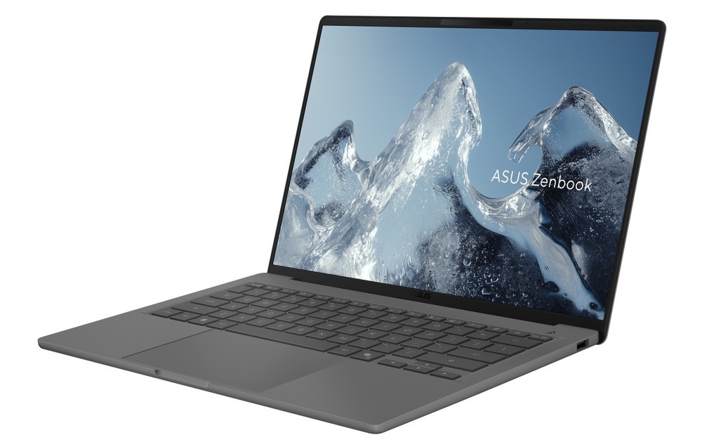 Notebook Asus Zenbook A14 sivý Otvorený a zapnutý notebook ASUS Zenbook A14 otočený doľava