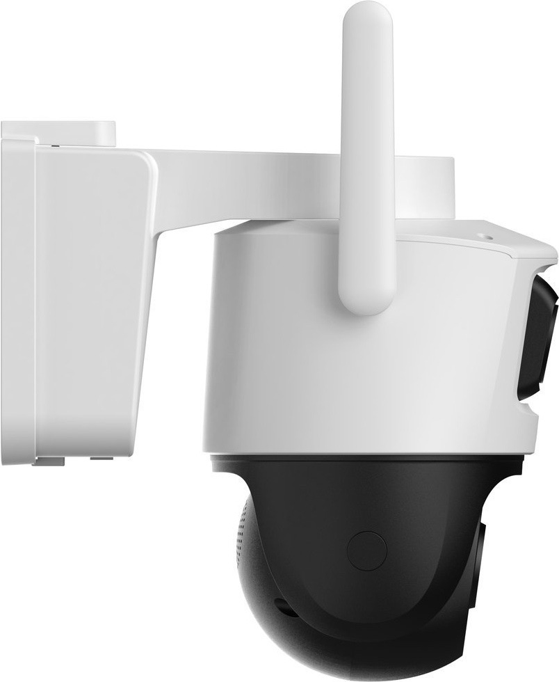 IP kamera Imou AOV Dual biela Bočný pohľad na IP kameru Imou AOV Dual ukazuje jej nástenný držiak, bielu hornú časť a čiernu otočnú spodnú časť. Na boku je vidieť jedna dlhá anténa a okrúhla krytka na spodnom module. Kamera je určená na montáž na stenu a umožňuje natočenie záberu do rôznych smerov.