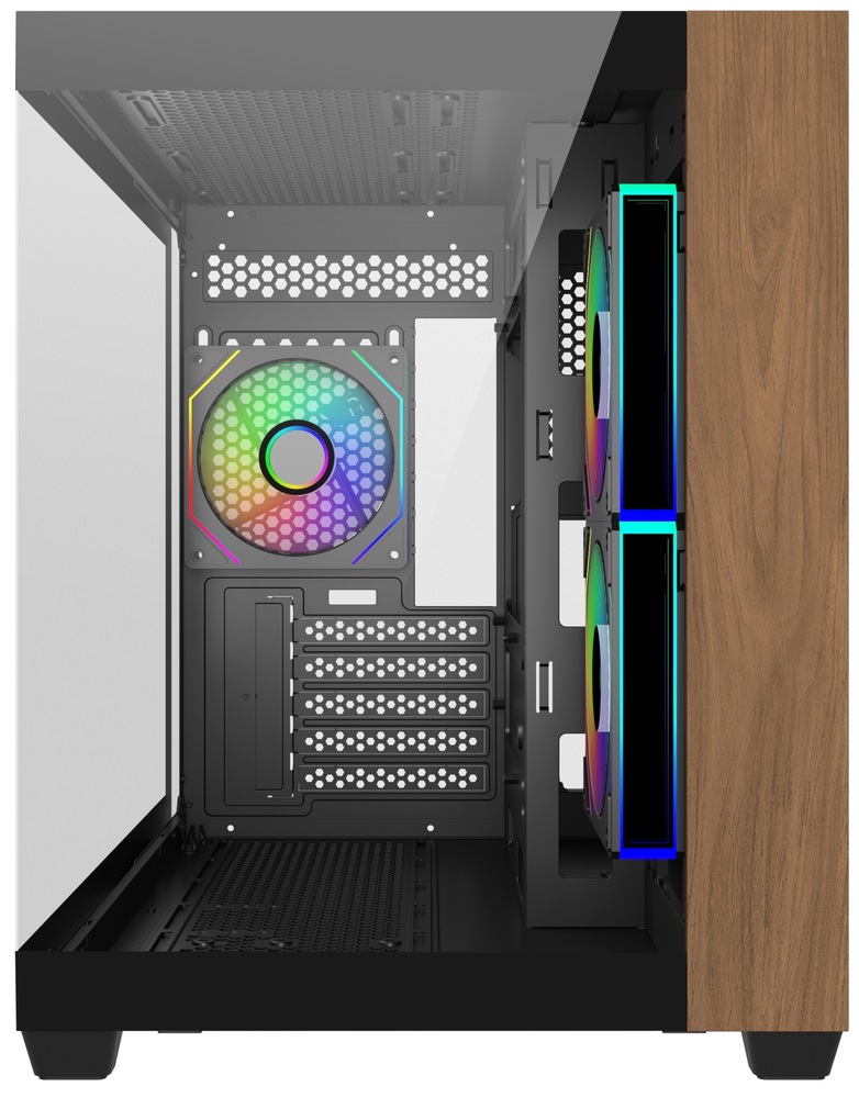 Case Cooler Master Elite 481 Wood čierna Na snímke je pohľad cez ľavý predný roh do útrob presklenej pc skrine. Sú vidieť svietiace ventilátory a na pravej strane zvislá hnedá drevená lišta. Ďalej je na snímke vidieť aj horný kryt skrine a perforované dno aj zadná stena.