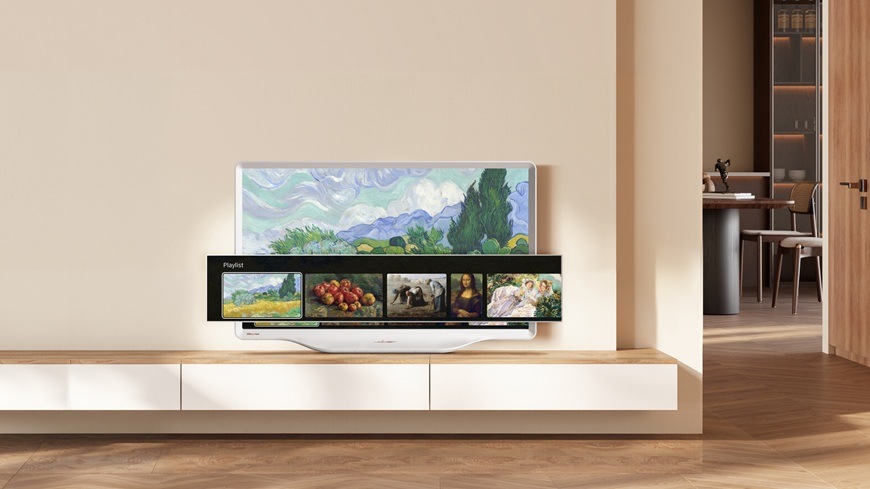Televízor Hisense 32S5Q Hisense televízia s umeleckým obsahom v minimalistickom modernom interiéri