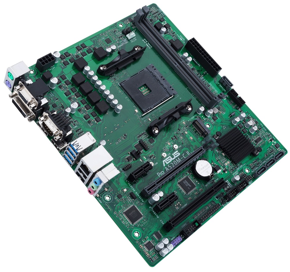 Základná doska Asus Pro A520M-C II/CSM Pohľad na základnú dosku. Vidíme aj bočné porty pre externé zariadenia. Sú tu aj zachytené všetky sloty pre inštaláciu komponentov.