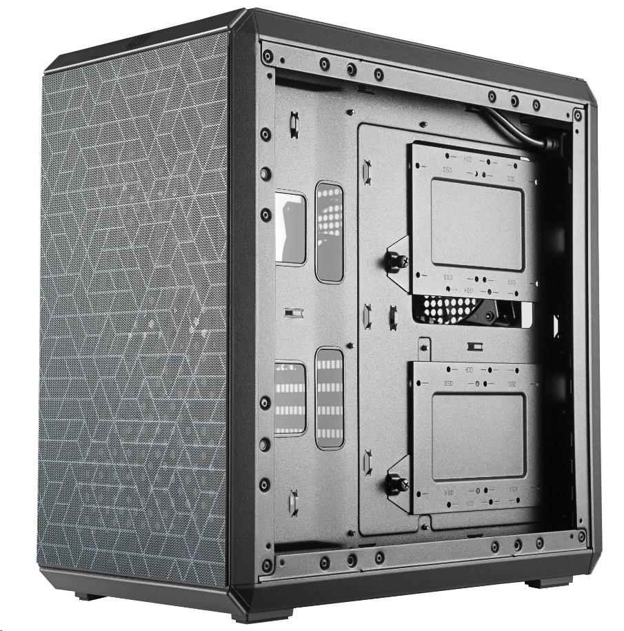 Case Cooler Master MasterBox Q500L čierna Matná čierna skriňa počítača s geometrickým sieťovým vzorom na prednom paneli, otvorená strana odhaľujúca montážne otvory pre komponenty, vytvárajúca moderný technologický dojem.