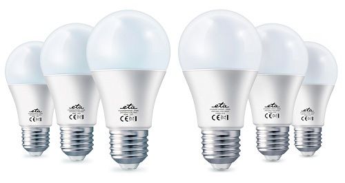 Sada 6 ks LED žiaroviek ETA E27 - kombinácia 15W a 8,5W žiaroviek na bielom pozadí