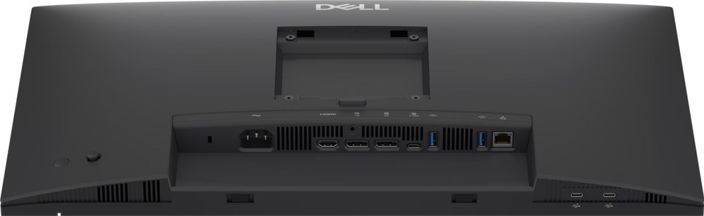 Zadný pohľad na sivý monitor Dell Pro P 24 P2426HE. V zapustenom paneli sú napájací konektor, HDMI, vstup a výstup DisplayPort, USB-C, dva porty USB-A a sieťový konektor RJ45. Na spodnej hrane sú ďalšie dva porty USB-C a hore uchytenie stojana alebo držiaka VESA.