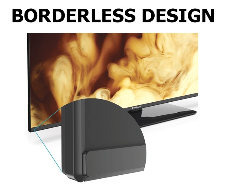 Televízor Finlux 50FUI7161 Detail bezrámčekového designu televízie Finlux, v okrúhlom výreze je priblížený roh televízie, nad televíziou je nápis Borderless design