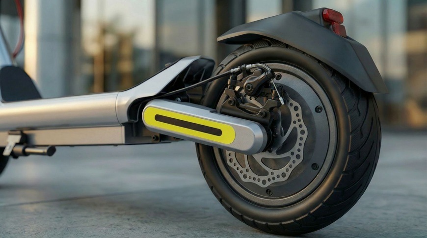Elektrická kolobežka Sencor SCOOTER S71 LIGHT biela Detail zadného kolesa elektrickej kolobežky Sencor SCOOTER S71 LIGHT s kotúčovou brzdou.