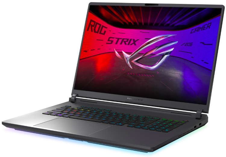 Notebook Asus ROG Strix G18 sivý Asus ROG Strix G18 z bočného uhla s podsvietenou klávesnicou a 18" displejom