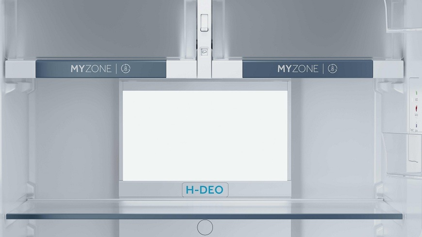 Chladnička Haier HPR5718DNMX nerez detail vnútrajšku chladničky haier HPR5718DNMX, zásuvky my zone, odvetlenie daylight a modul h-deo