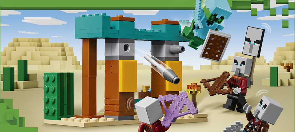 Stavebnica LEGO® Minecraft® 21267 Pouštní hlídka zákeřníků Pohybom prsta môžete odpáliť raketové strely a brániť sud s pokladom pred útokom zákerníkov.