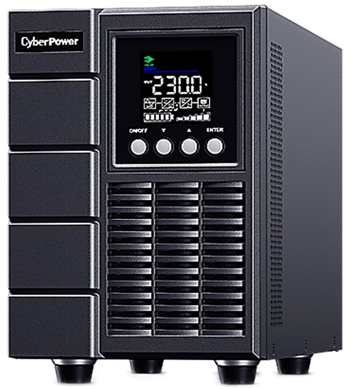 Na obrázku je záložný zdroj CyberPower OnLine S 2000VA/1800W v čiernom vežovom prevedení. Má hranatú robustnú skriňu, v hornej časti farebný displej s prevádzkovými údajmi a pod ním štyri okrúhle ovládacie tlačidlá. Spodná časť prednej strany vypĺňa veľká ventilačná mriežka a zariadenie stojí na štyroch krátkych nôžkach. Celkovo pôsobí profesionálne, pevne a technicky.