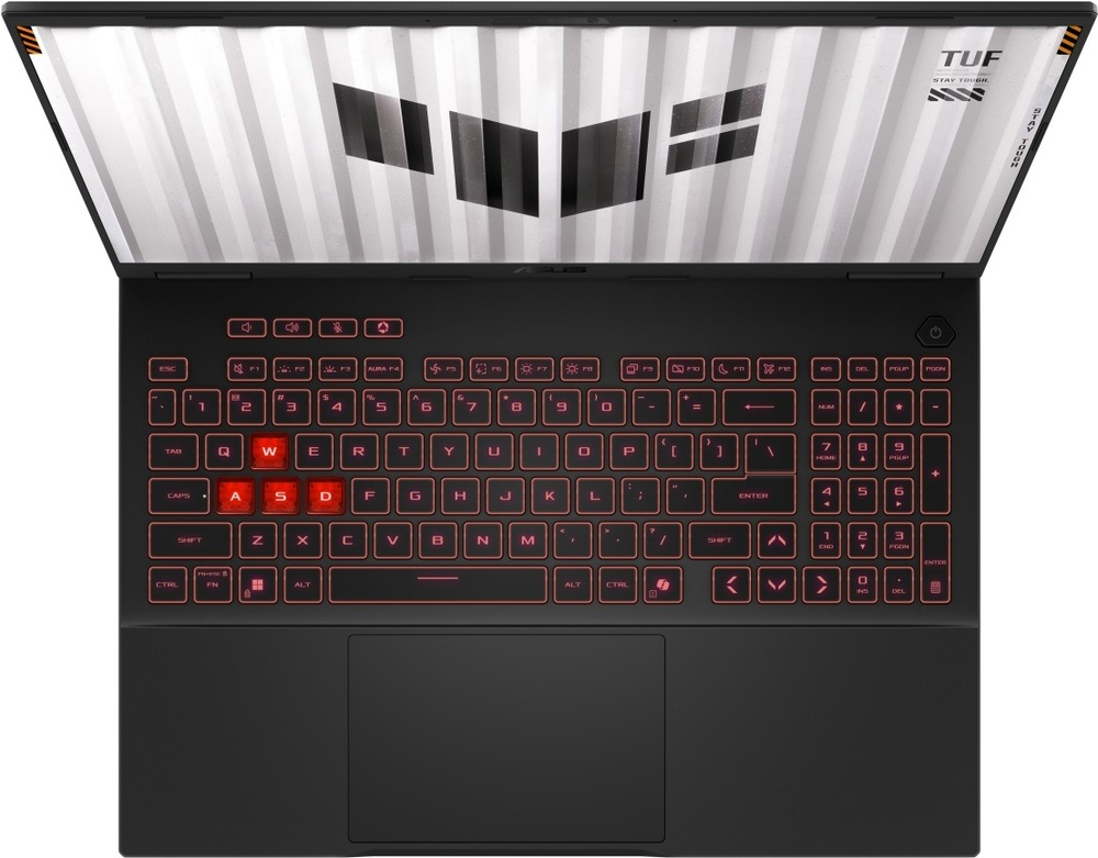 Notebook Asus TUF Gaming A16 sivý Pohľad zhora na klávesnici notebooku Asus s podsvietením a numerickým blokom
