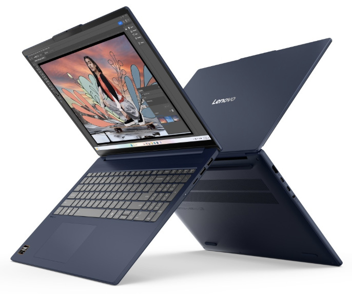 Notebook Lenovo IdeaPad Slim 5 z niekoľkých uhlov s grafickým editorom na displeji