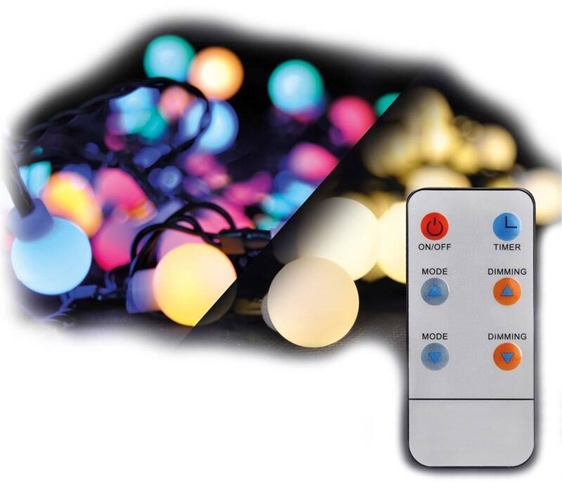 Vianočné osvetlenie Solight reťaz - guľa, diaľkový ovládač, 200LED, RGB+biela, 20m+5m, 8 funkcií, IP44