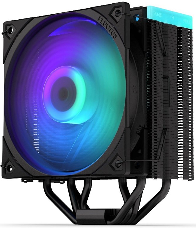 Na obrázku je chladič procesora CPU ENDORFY Fera 5 Black ARGB. Vľavo je veľký okrúhly ventilátor s dúhovým RGB podsvietením, ktorý ženie vzduch cez chladič. Vpravo je blok hustých kovových rebier (radiátor), do ktorého vedú zahnuté kovové trubičky zospodu (heatpipe), odvádzajúce teplo z procesora. Celý chladič je čierny a má tvar kompaktnej veže s ventilátorom na boku.