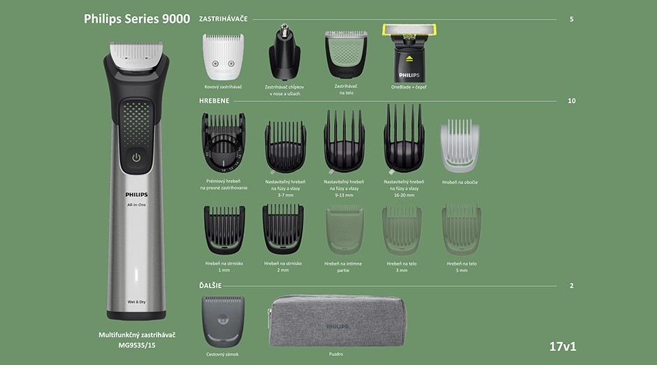 Multifunkčný zastrihávač Philips MG9535/15 Series 9000 vrátane vymeniteľných nástavcov