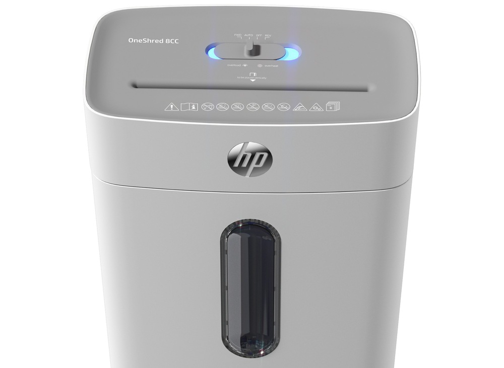 Skartovač HP OneShred 8CC vykonáva skartáciu bezpečným krížovým rezom