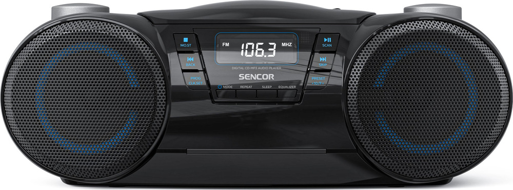 Rádioprijímač s CD Sencor SPT 4710B čierny Sencor prenosné rádio s CD prehrávačom a FM displejom 106,3 MHz, čelný pohľadom a FM displejom 106,3 MHz, čelný pohľad.