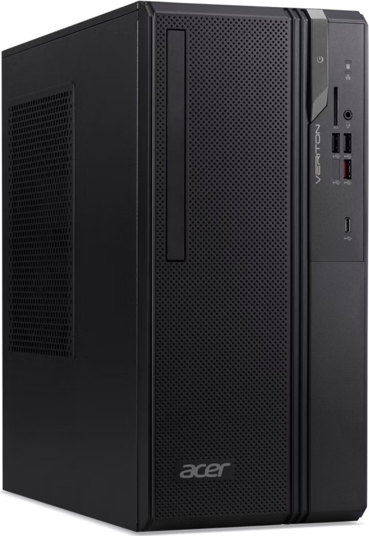 Na obrázku je stolný počítač Acer Veriton S2735G v čiernom prevedení. Skriňa má kompaktný hranatý tvar, perforovaný predný panel na prúdenie vzduchu a bočnú vetraciu mriežku. Na prednej strane je zvislá mechanika a ovládací panel s tlačidlom napájania, čítačkou kariet, audio konektorom, niekoľkými USB portami vrátane USB-C a logom Veriton. Dole na čelnej mriežke je logo Acer.