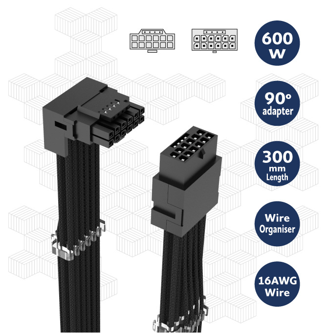 Adaptér AKASA G-Nexus PX16, 90° 12VHPWR Extension Cable, 12+4P male na 12+4P female, 30cm čierny AKASA G-Nexus PX16, 90° 12VHPWR Extension Cable ponúka pravouhlé zapojenie 12VHPWR