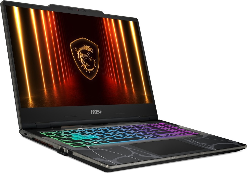 Notebook MSI Cyborg 15 B13WEKG-1222XCZNN čierny Herný notebook MSI Cyborg 15 B13W z ľavého predného uhla so zvýraznenými portami a podsvietenou klávesnicou