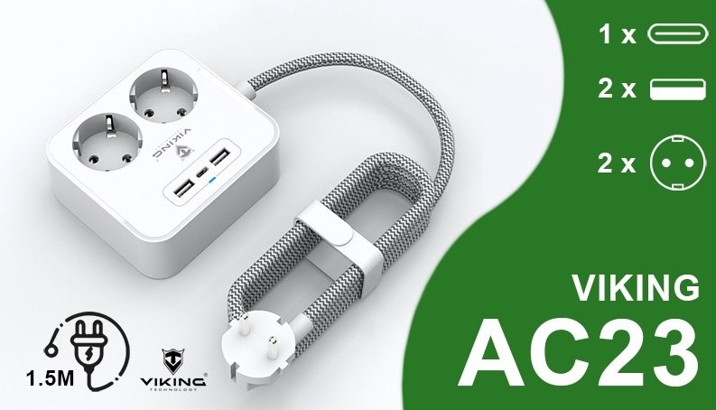 Kábel predlžovací Viking AC23, 2x zásuvka, 2x USB, 1x USB-C, 1,5m biely Kábel predlžovací Viking AC23, 2x zásuvka, 2x USB, 1x USB-C, 1,5m biely