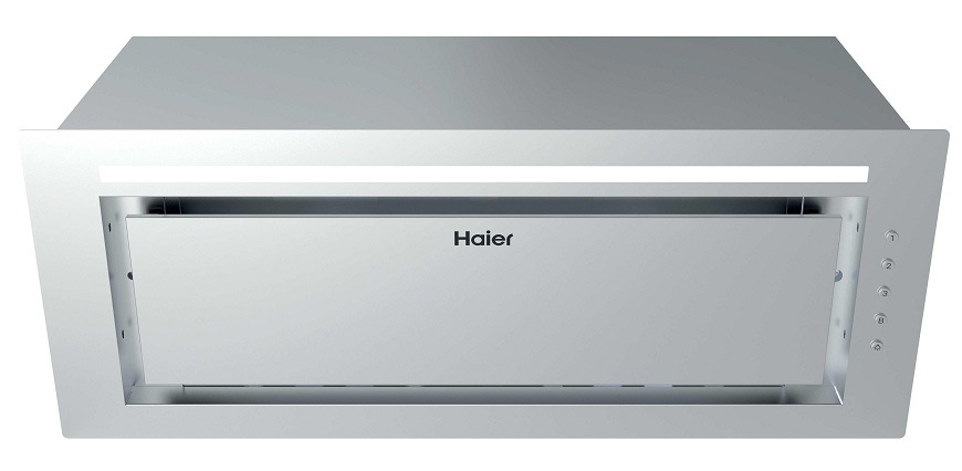 Odsávač pár Haier HAPY72ES6XGG nerez spodná strana odsávača pár Haier HAPY72ES6XGG s ovládacími gombíkmi napravo, LED osvetlenie svieti