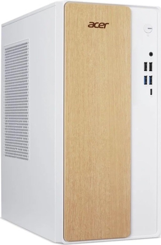 Na obrázku je stolný počítač Acer Aspire TC-102 i5-14100 v bielom prevedení z predného šikmého pohľadu. Prednú stranu tvorí výrazný panel s dekórom svetlého dreva a logom Acer. Vpravo je tlačidlo napájania, 3,5 mm audio konektor, štyri porty USB-A a jeden port USB-C. Ľavý bočný panel má veľkú perforovanú mriežku na odvetrávanie vnútorných komponentov.