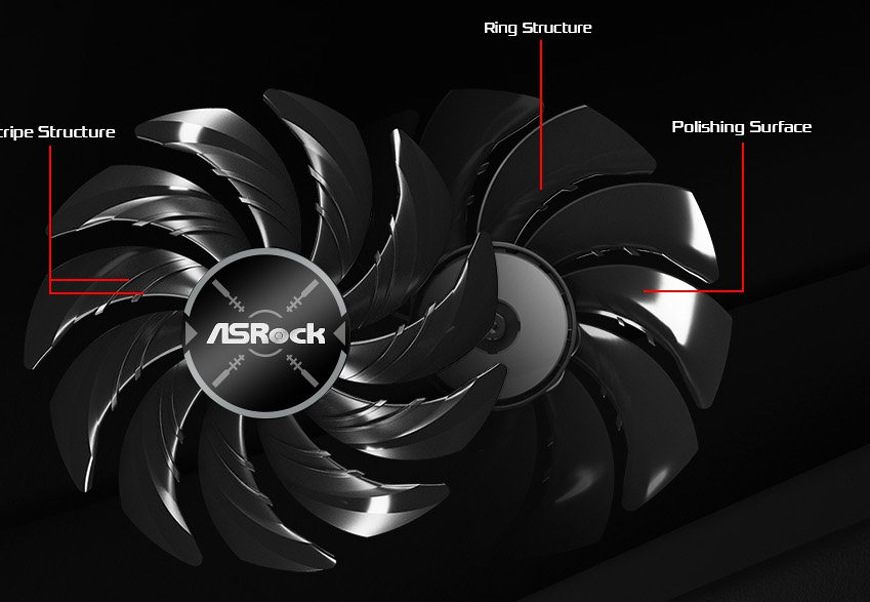 Grafická karta ASRock AMD Radeon RX 9060 XT Challenger 16GB OC čierna Detail štruktúry lopatiek ventilátora grafickej karty ASRock RX 9060 XT Challenger