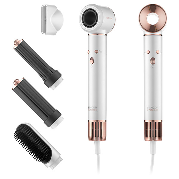 Predný a zadný pohľad na fúkaciu kulmu Sencor SHS 9100RS Artemiss a jej nadstavce.