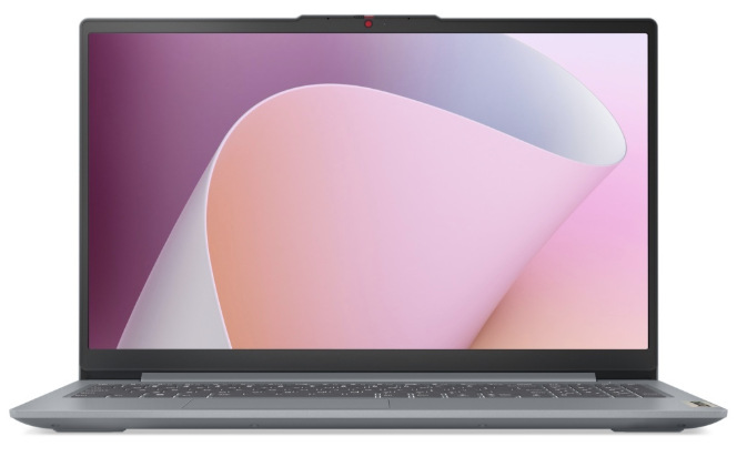 Notebook Lenovo IdeaPad Slim 3 15AMN8 sivý Sivý notebook Lenovo IdeaPad Slim 3 15AMN8 spredu s otvoreným 15,6″ displejom