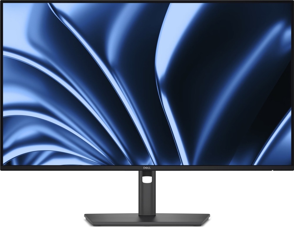 Monitor Dell Pro P2726HE sivý Čelný pohľad na sivý monitor Dell s tenkými rámčekmi, centrálnym stojanom s otvorom pre káble a širokou obdĺžnikovou základňou.