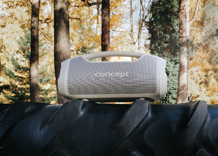 Sivý reproduktor Concept SoundJoy BR5061 umiestnený vonku počas posedenia v parku