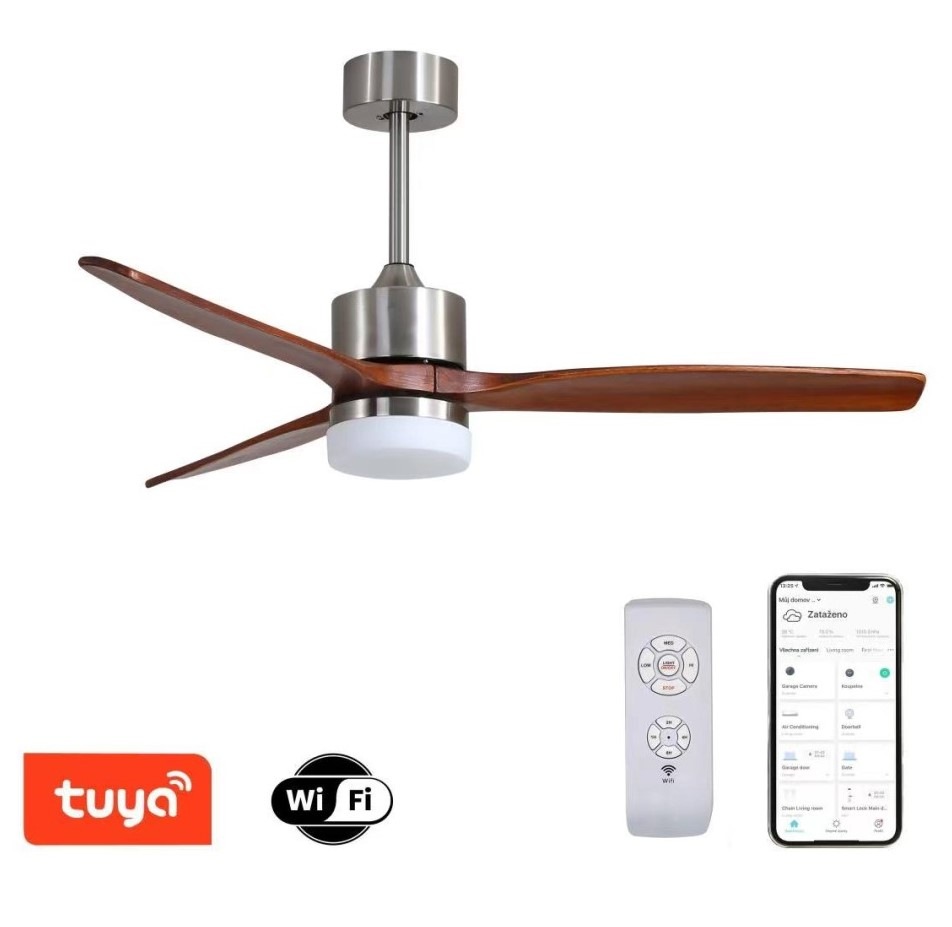 LED stropné svietidlo IMMAX NEO LITE ELEGANTE SMART LED s ventilátorem Wi-Fi, TUYA strieborné/drevené