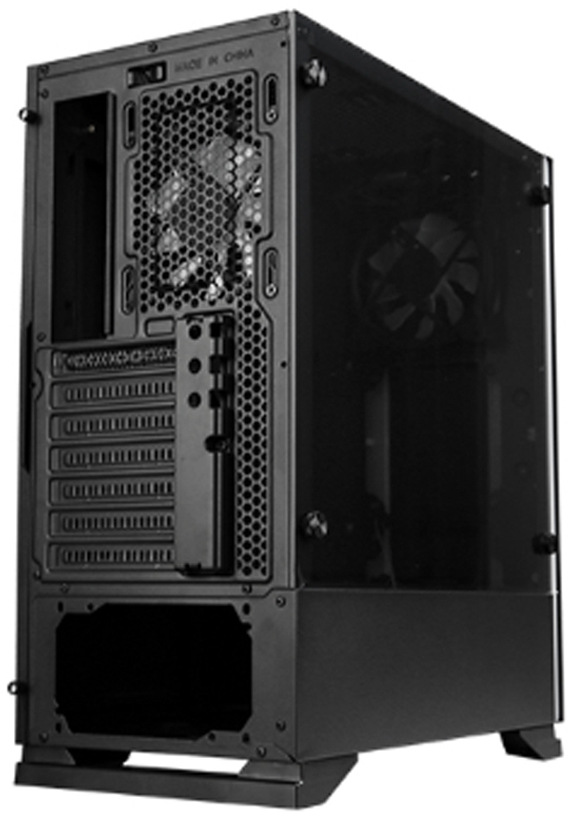 Case Zalman S5 čierna Na obrázku je PC skriňa Zalman S5, čierna zozadu. V hornej časti je mriežka s otvormi a za ňou zadný ventilátor. Uprostred vľavo sú záslepky rozširujúcich slotov pre grafickú kartu a ďalšie karty. Dole je veľký otvor pre napájací zdroj, ktorý sa montuje do spodnej časti skrine. Na pravej strane je vidieť tmavá priehľadná bočnica a skriňa stojí na nôžkach.