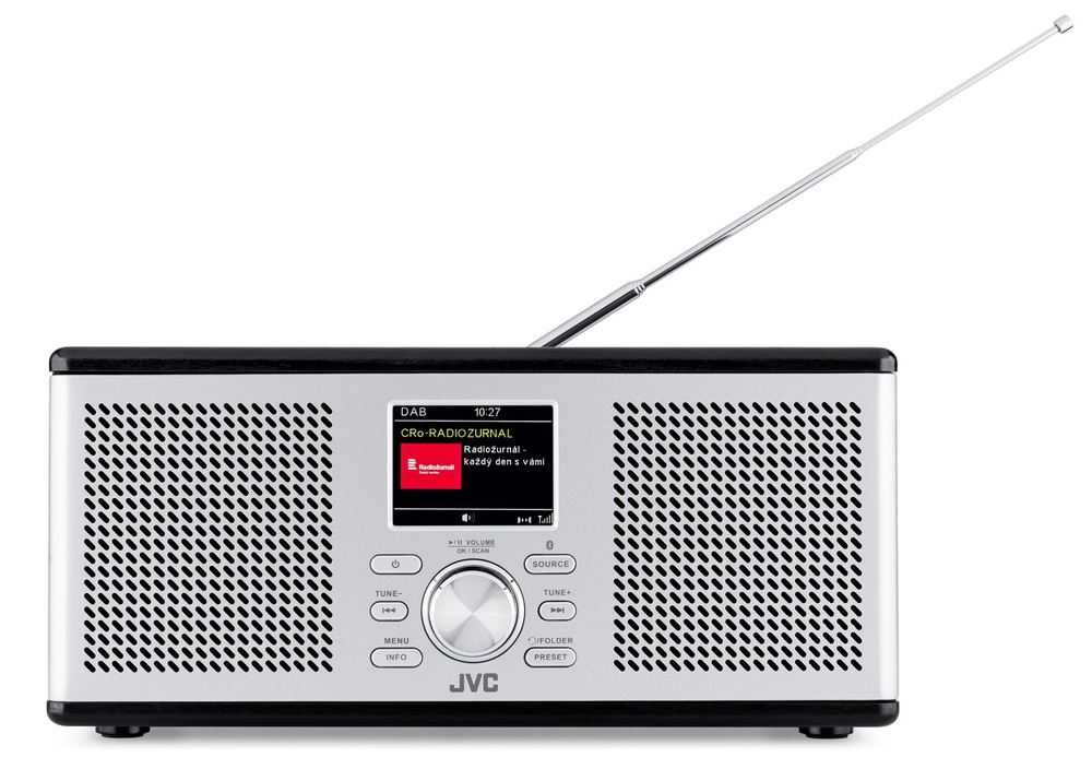 Čelný pohľad na rádio JVC RA-E775B-DAB s prehľadným LCD displejom, ovládacími tlačidlami a plne vysunutou teleskopickou anténou pre kvalitný DAB+ príjem
