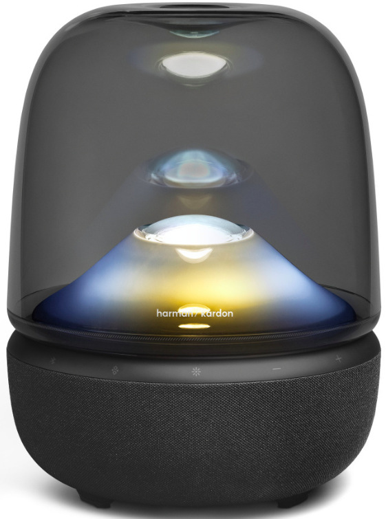 Reproduktor Harman Kardon Aura Studio 5 s jemným bielym a zlatým svetelným efektom