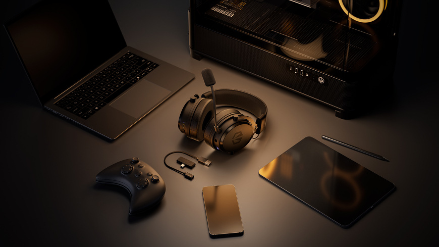 Headset ENDORFY VIRO Wireless čierny ENDORFY VIRO Wireless s bezdrôtovým príslušenstvom položený medzi notebookom, tabletom, telefónom a herným ovládačom