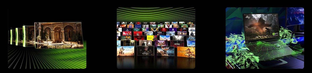 Notebook Lenovo Legion Pro 7 16IAX10H + Game Pass predplatné na 3 mesiace čierny Vľavo niekoľko monitorov zobrazuje realistickú architektúru; uprostred je mriežka rôznych obalov videohier; vpravo je notebook so živou hernou scénou obklopený dynamickou zelenou grafikou.