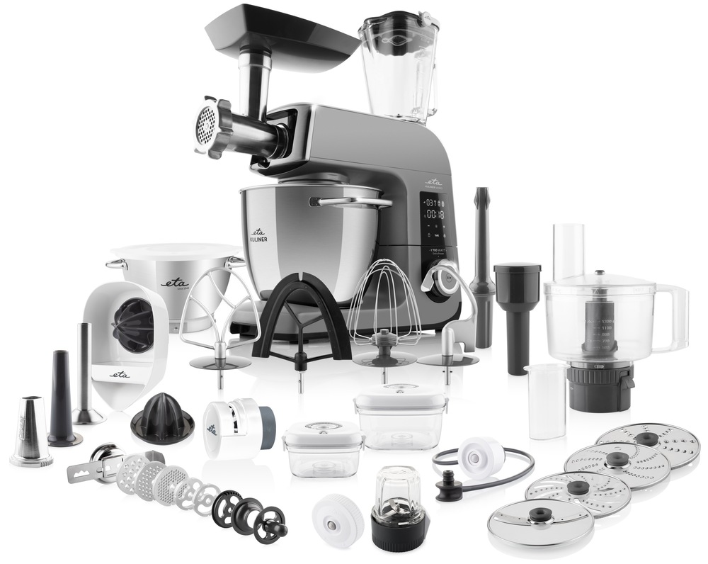 Kuchynský robot ETA Kuliner II Vario 2038 90020 titánová farba Prehľad príslušenstva pre kuchynský robot ETA Gratus Kuliner II Vario. Infografika ukazuje 6 nástavcov v akcii a ich samostatné produktové foto s popiskami: sklenený mixér na smoothie, citrusovač na džús, nadstavec na strúhanie a sekanie (food processor), brúsik na nože, multifunkčný sekáčik na ovocie a masívny mlynček na mäso s príslušenstvom